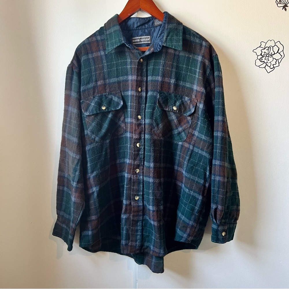 Vintage David Taylor Shirt Mens XL Brown Green Plaid Button 80s 90s
